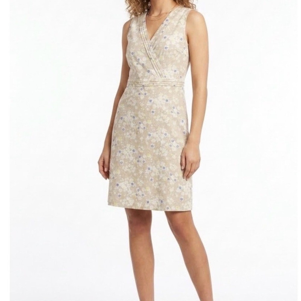 LL Bean Linen Cotton Blend Faux Wrap Floral Shift Dress Size 6